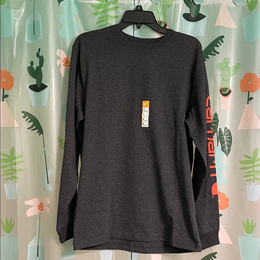 Carhartt Men's Long Sleeve Crewneck Shirt - Charcoal with Orange Sleeve Logo